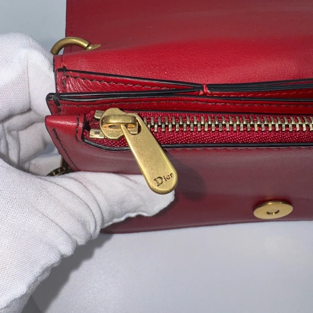 RARE Dior Lady Dior Red Calfskin Cannage Studded Biker Clutch EUC